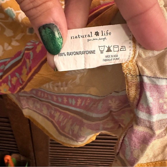 Natural Life Maribel Top Floral Mustard Teal Pink Tassels Elastic Sleeves Border - Picture 4 of 6